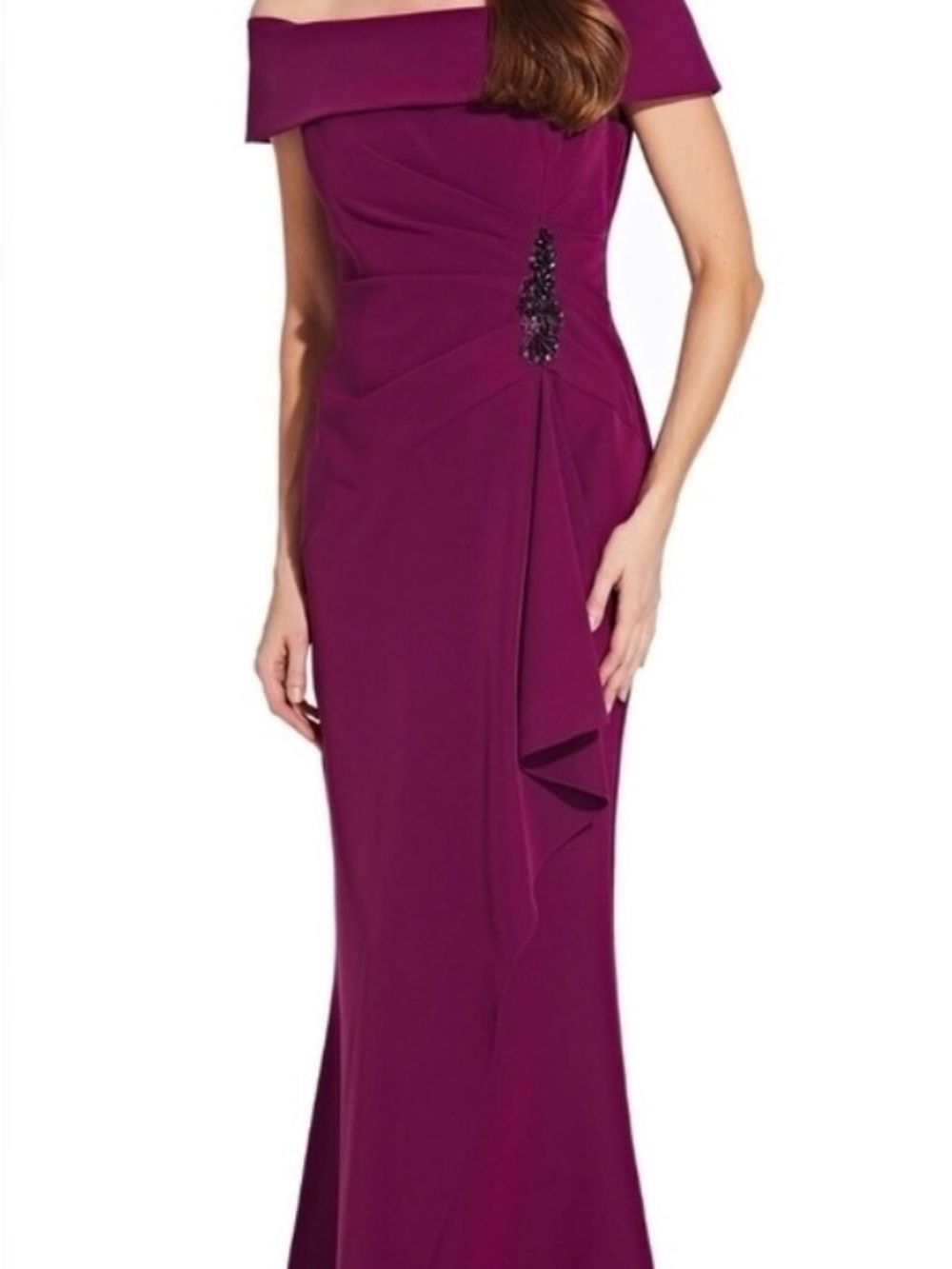 Adrianna Papell One-Shoulder Plum Evening Gown with Side Jewel Detail